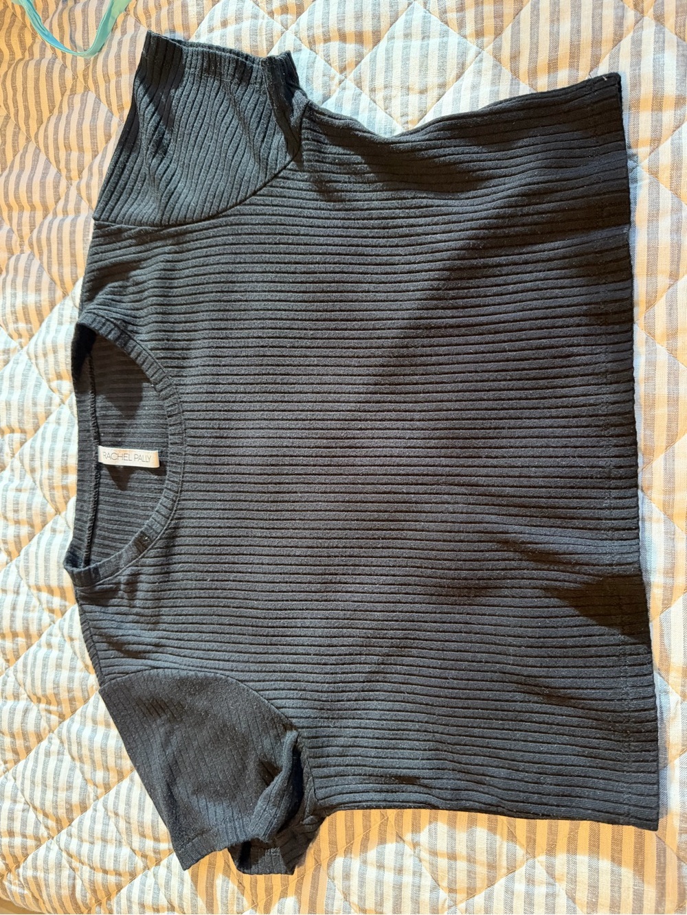 RACHEL PALLY Short Sleeve Ribbed Knit Crop Top Womens Small Black Crew Neck Tee